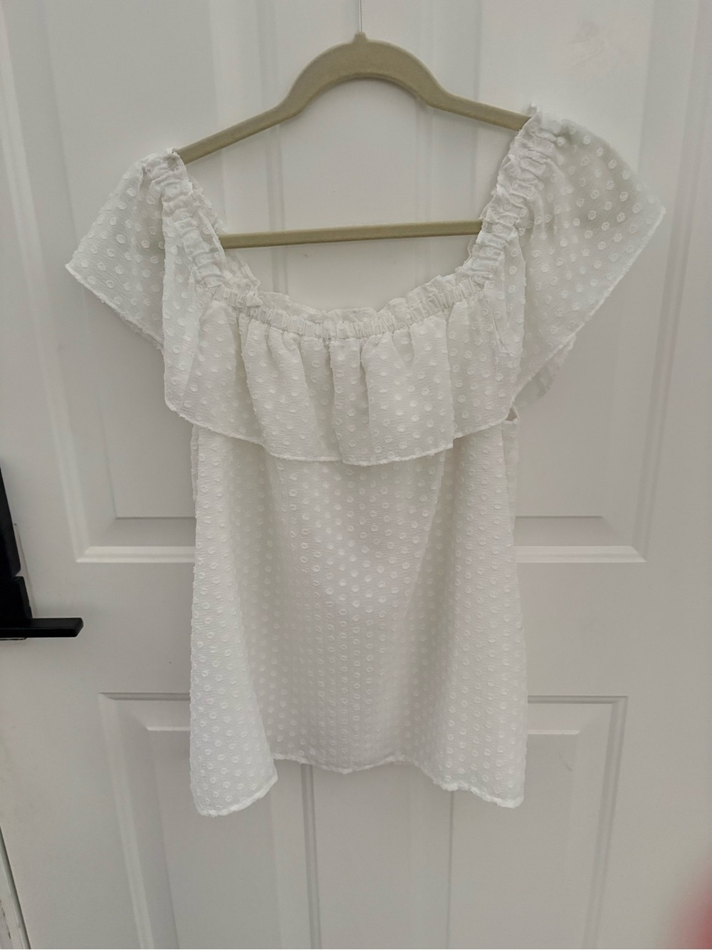 LOFT White Swiss Dot Off-Shoulder Ruffle Top